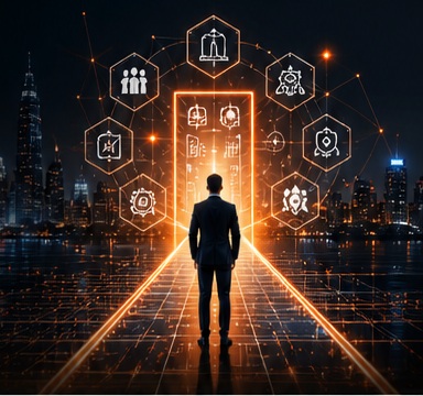 Digital transformation city portal with technology icons